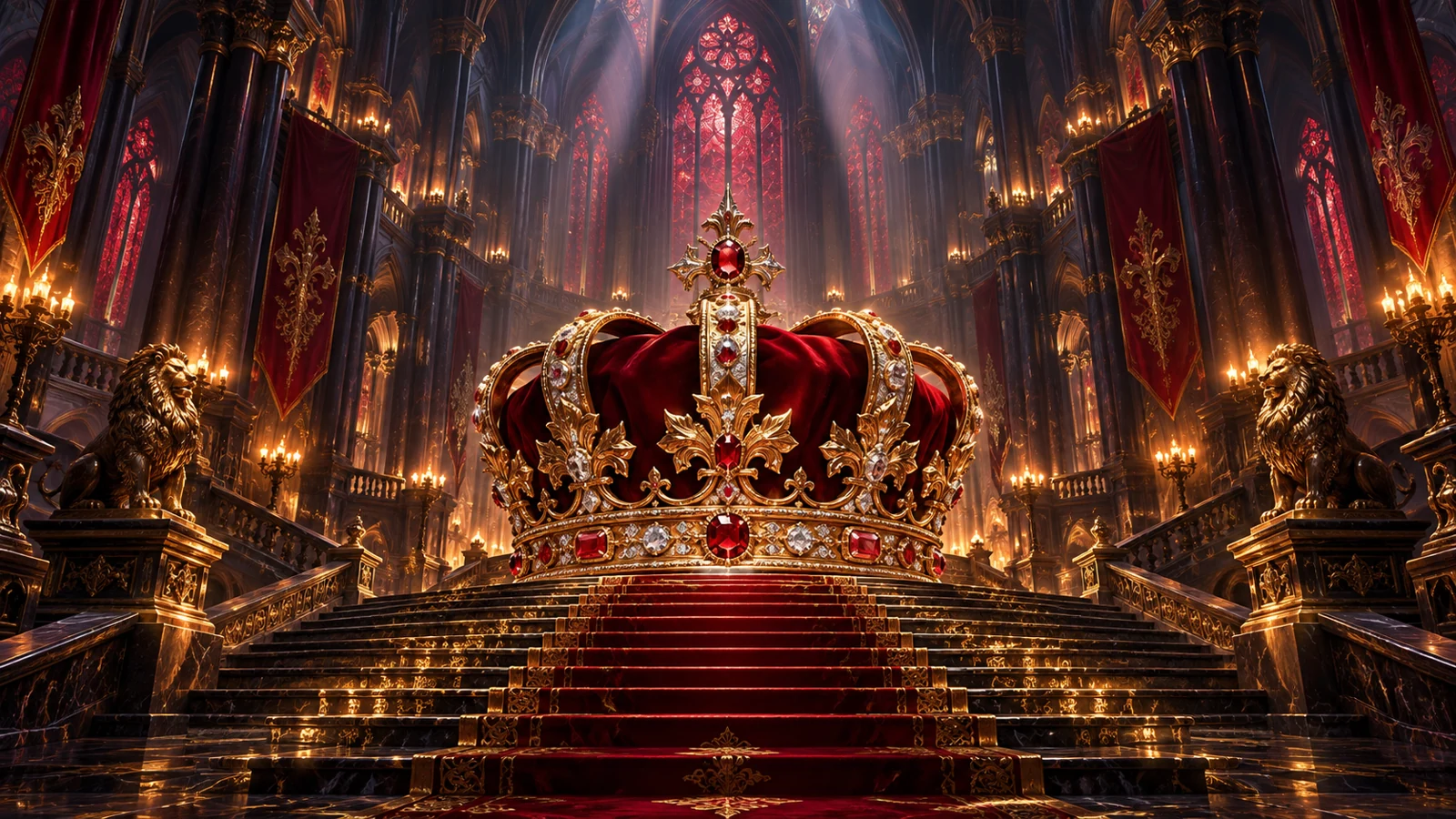 A monumental ruby crown beneath the gilded arches of a candlelit palace