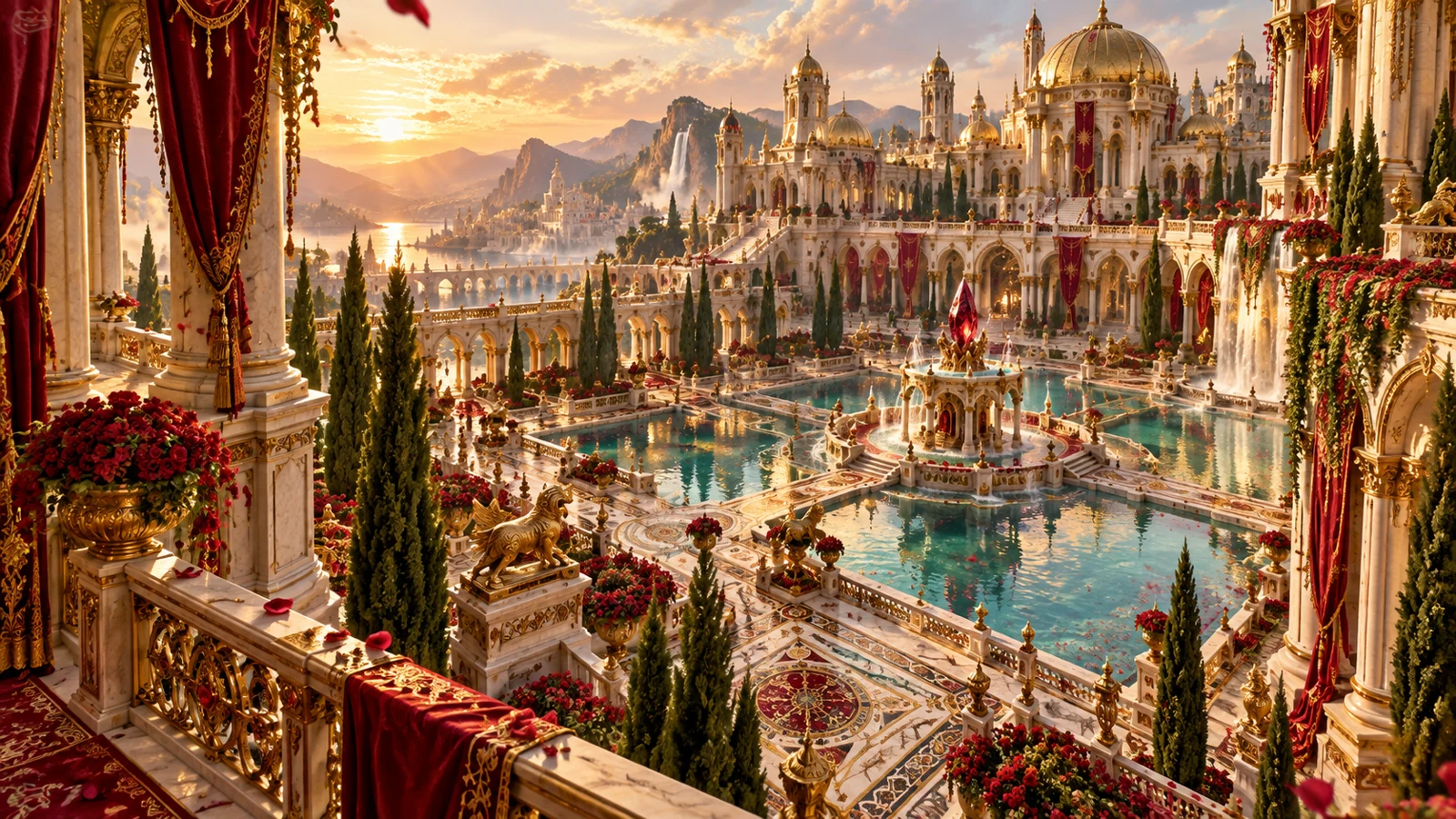 An ornate golden palace surrounding reflecting pools and a ruby fountain beneath a blue sky