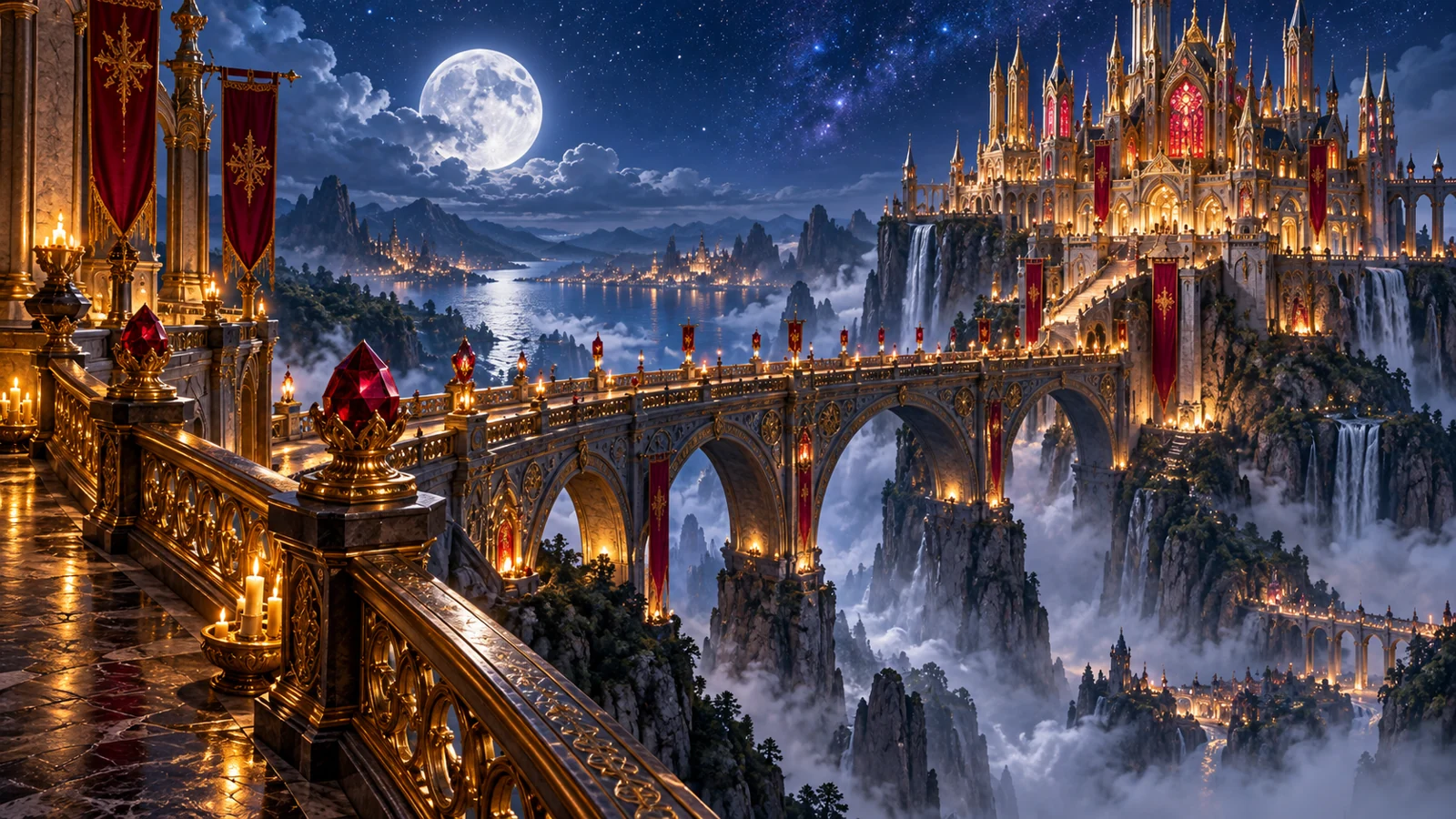 A lantern-lit bridge leading to a golden cliffside palace beneath an indigo night sky