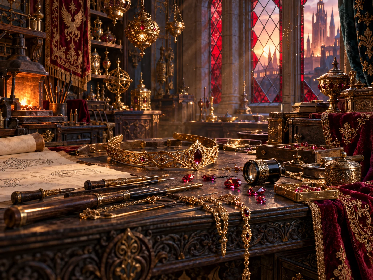 A richly carved goldsmith’s workbench with gemstones, hand tools and warm window light