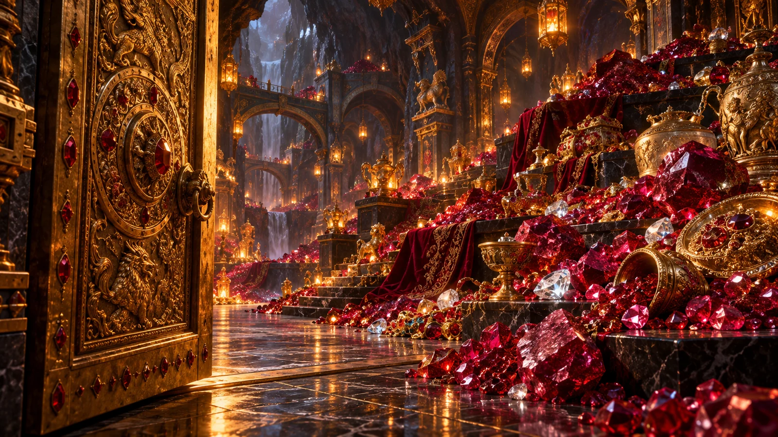 An engraved gold vault door opening onto rubies, treasure chests and deep illuminated galleries