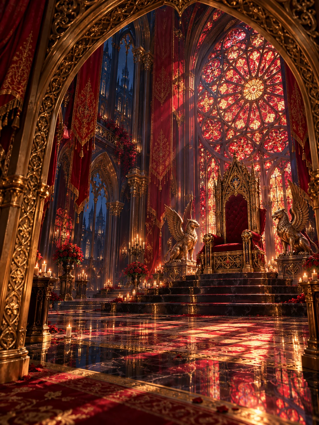 A ruby velvet throne framed by carved gold and a towering illuminated palace window